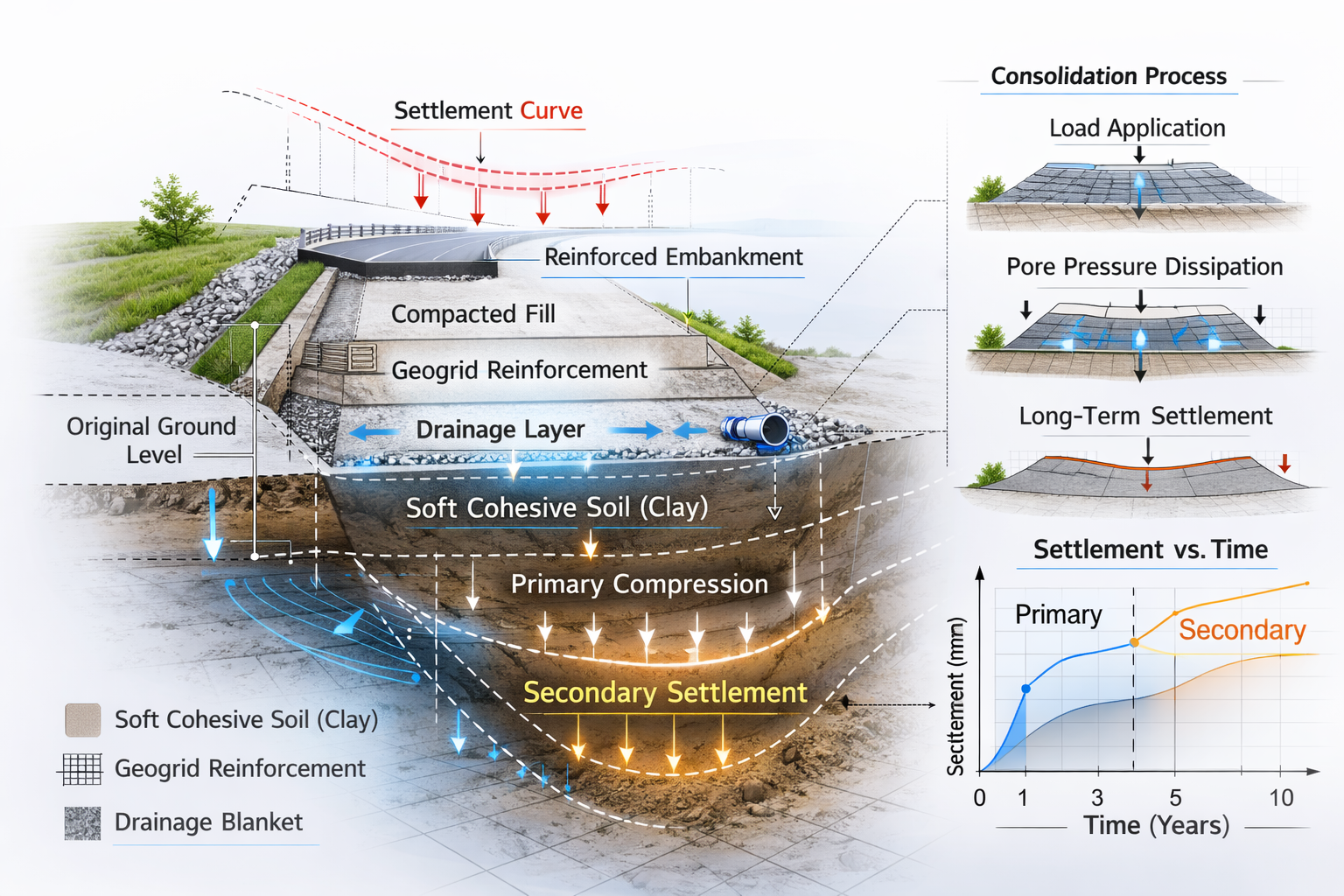 Delayed embankment settlement and soil consolidation analysis