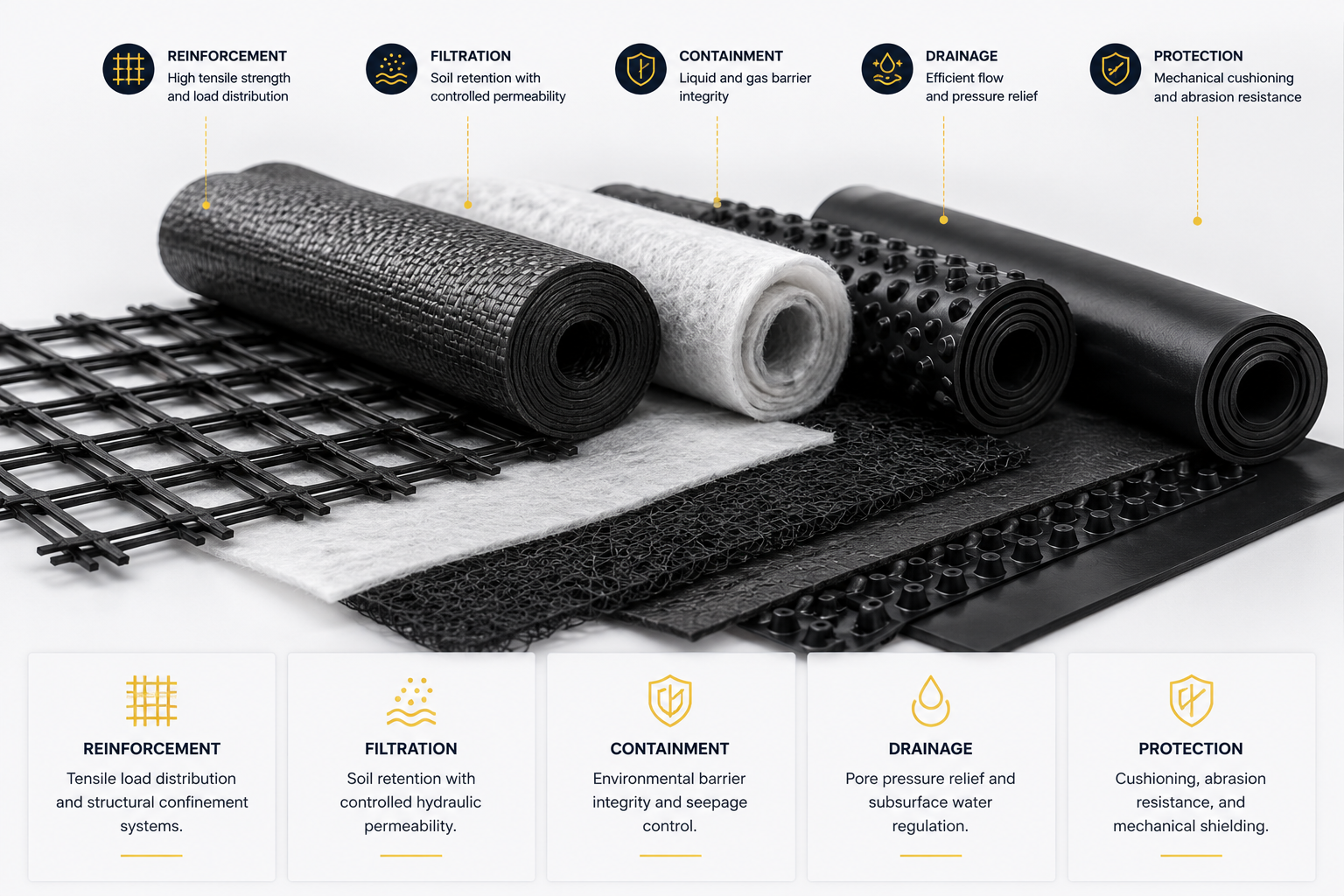 Geosynthetic material classification by reinforcement, filtration and containment functions