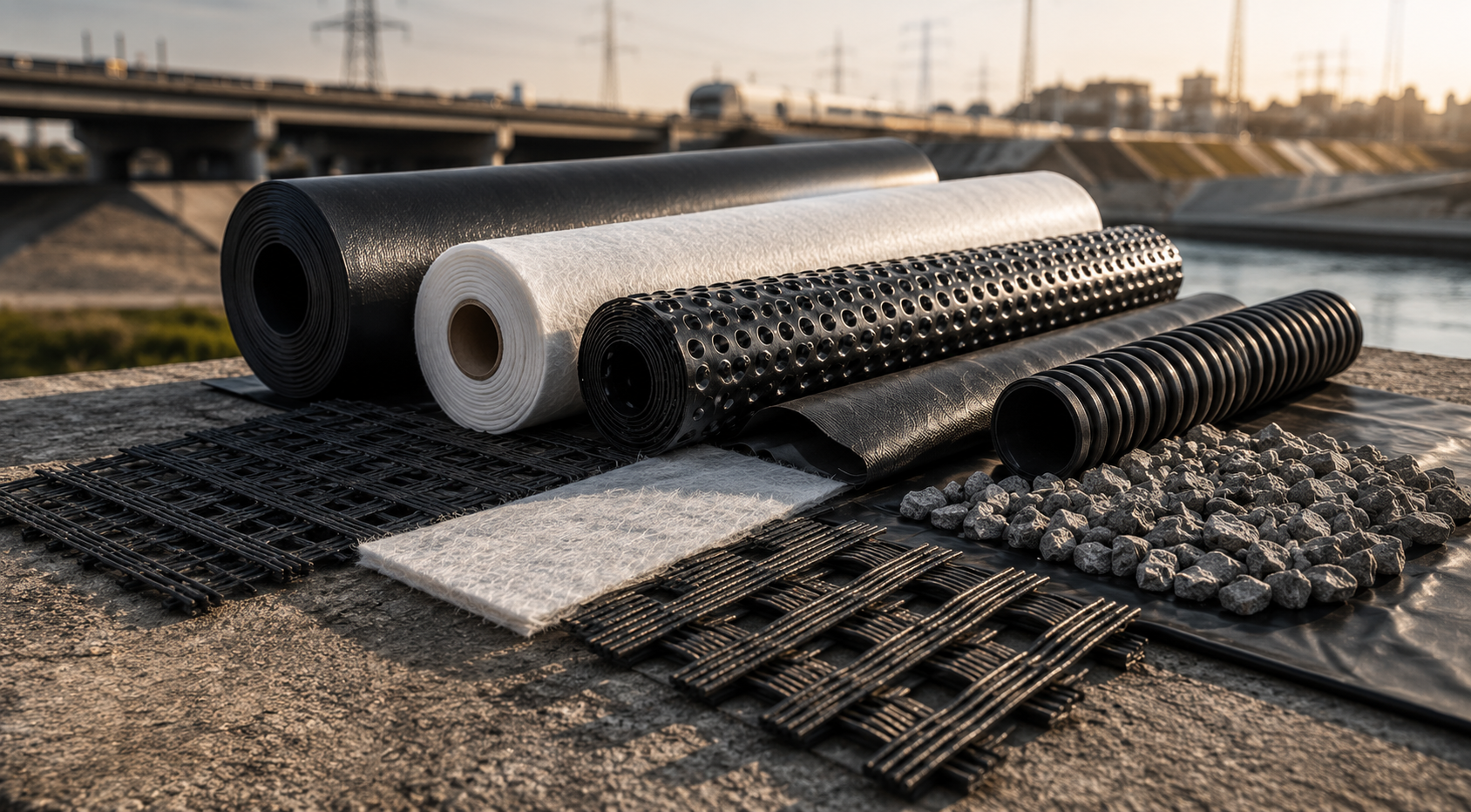Geosynthetic material portfolio including geomembranes, geogrids, geotextiles and drainage systems
